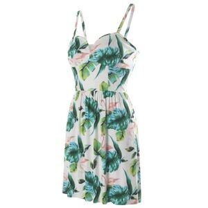 AUW Womens Tropical Flamingo Palm Leaf Mini Dress White Green Pink Small